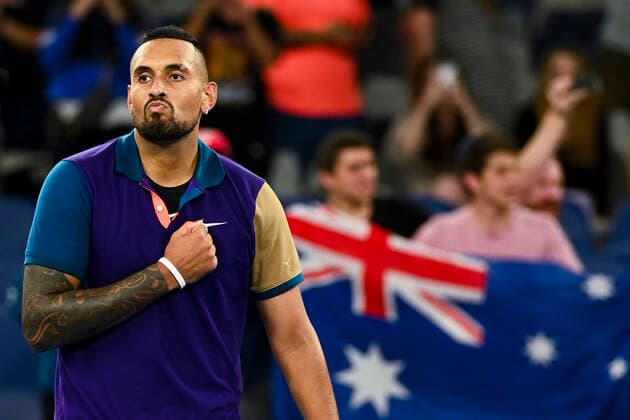 TENNIS AUSTRALIAN OPEN, Nick Kyrgios of Australia celebrates after winning his second Round Men s singles match against Ugo Humbert of France on Day 3 of the Australian Open at Melbourne Park in Melbourne, Wednesday, February 10, 2021. ( NO ARCHIVING, EDITORIAL USE ONLY, NO USE IN BOOKS WITHOUT CONSENT MELBOURNE VIC AUSTRALIA  Copyright: xDAVExHUNTx 20210210001519605833