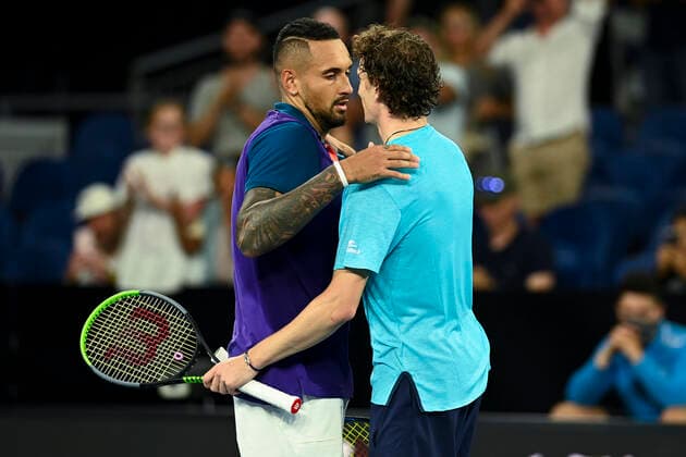 TENNIS AUSTRALIAN OPEN, Nick Kyrgios of Australia (left) is congratulated by Ugo Humbert of France after winning his second Round Men s singles match on Day 3 of the Australian Open at Melbourne Park in Melbourne, Wednesday, February 10, 2021. ( NO ARCHIVING, EDITORIAL USE ONLY, NO USE IN BOOKS WITHOUT CONSENT MELBOURNE VIC AUSTRALIA  Copyright: xDAVExHUNTx 20210210001519606139