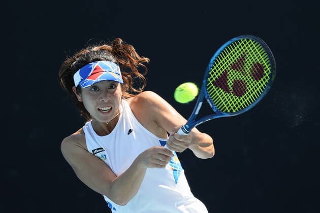 February 10, 2021: Ena SHIBAHARA of Japan in action with new doubles partner Shuko AOYAMA against Asia MUHAMMAD and Jessica PEGULA of the USA in a 1st round match on day 3 of the 2021 Australian Open in Melbourne, Australia. Cal Media. Melbourne Australia - ZUMAc04_ 20210210_zaf_c04_024 Copyright: xSydneyxLowx