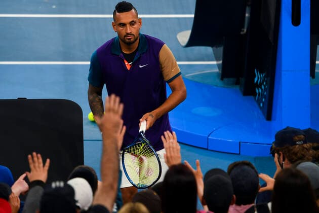 TENNIS AUSTRALIAN OPEN, Nick Kyrgios of Australia hands his smashed racquet to fans after winning his second Round Men s singles match against Ugo Humbert of France on Day 3 of the Australian Open at Melbourne Park in Melbourne, Wednesday, February 10, 2021. ( NO ARCHIVING, EDITORIAL USE ONLY, NO USE IN BOOKS WITHOUT CONSENT MELBOURNE VIC AUSTRALIA  Copyright: xJAMESxROSSx 20210210001519606746