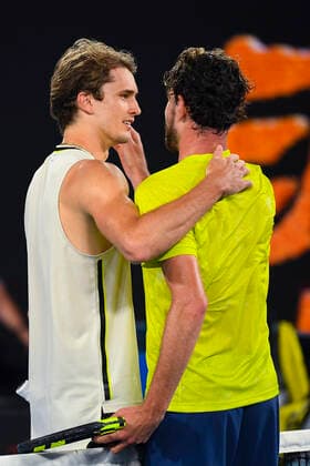 TENNIS AUSTRALIAN OPEN, Alexander Zverev of Germany (left) is congratulated by Maxime Cressy of the United States of America after winning his second Round Men s singles match on Day 3 of the Australian Open at Melbourne Park in Melbourne, Wednesday, February 10, 2021. ( NO ARCHIVING, EDITORIAL USE ONLY, NO USE IN BOOKS WITHOUT CONSENT MELBOURNE VIC AUSTRALIA  Copyright: xJAMESxROSSx 20210210001519606886