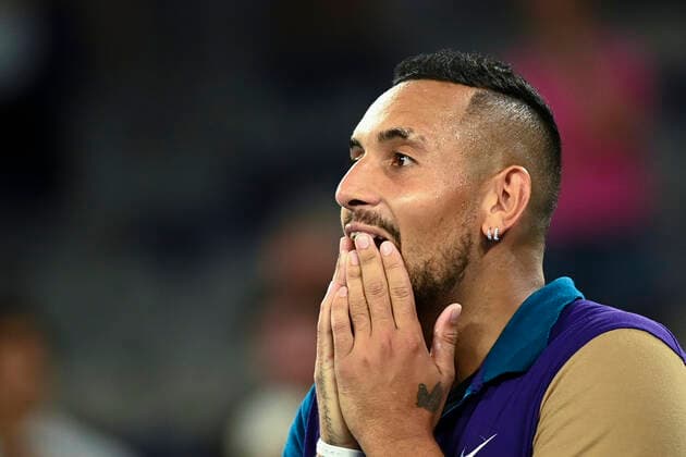 TENNIS AUSTRALIAN OPEN, Nick Kyrgios of Australia celebrates after winning his second Round Men s singles match against Ugo Humbert of France on Day 3 of the Australian Open at Melbourne Park in Melbourne, Wednesday, February 10, 2021. ( NO ARCHIVING, EDITORIAL USE ONLY, NO USE IN BOOKS WITHOUT CONSENT MELBOURNE VIC AUSTRALIA  Copyright: xDAVExHUNTx 20210210001519611387