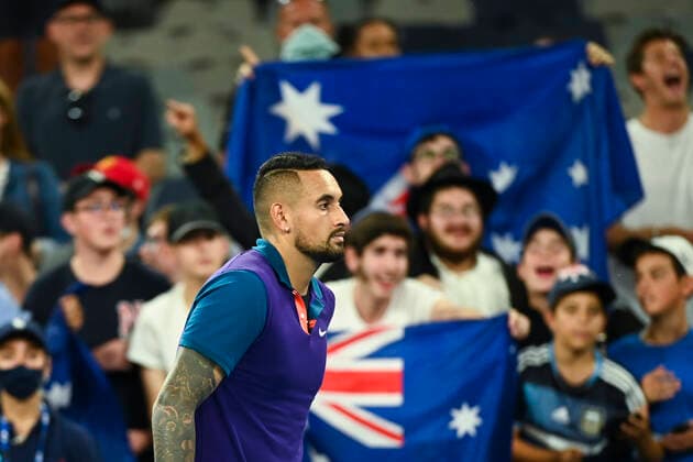 Sport Bilder des Tages TENNIS AUSTRALIAN OPEN, Nick Kyrgios of Australia celebrates after winning his second Round Men s singles match against Ugo Humbert of France on Day 3 of the Australian Open at Melbourne Park in Melbourne, Wednesday, February 10, 2021. ( NO ARCHIVING, EDITORIAL USE ONLY, NO USE IN BOOKS WITHOUT CONSENT MELBOURNE VIC AUSTRALIA  Copyright: xDAVExHUNTx 20210210001519611500