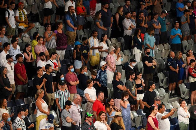 TENNIS AUSTRALIAN OPEN, General view of fans attending the second Round Men s singles match between Nick Kyrgios of Australia and Ugo Humbert of France on Day 3 of the Australian Open at Melbourne Park in Melbourne, Wednesday, February 10, 2021. ( NO ARCHIVING, EDITORIAL USE ONLY, NO USE IN BOOKS WITHOUT CONSENT MELBOURNE VIC AUSTRALIA  Copyright: xJAMESxROSSx 20210210001519614139