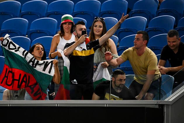 TENNIS AUSTRALIAN OPEN, Bulgarian fans cheer for Grigor Dimitrov of Bulgaria during his second Round Men s singles match against Alex Bolt of Australia on Day 3 of the Australian Open at Melbourne Park in Melbourne, Wednesday, February 10, 2021. ( NO ARCHIVING, EDITORIAL USE ONLY, NO USE IN BOOKS WITHOUT CONSENT MELBOURNE VIC AUSTRALIA  Copyright: xDEANxLEWINSx 20210211001519617225