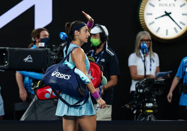 (210210) -- MELBOURNE, Feb. 10, 2021 -- Caroline Garcia of France greets after the women s singles match against Osaka Naomi of Japan at Australian Open in Melbourne Park, in Melbourne, Australia, on Feb. 10, 2021. ) (SP)AUSTRALIA-MELBOURNE-TENNIS-AUSTRALIAN OPEN-DAY 3 BaixXuefei 