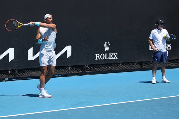 Rafael Nadal, ESP, with his coach Francisco Roig practising on day three of 2021 Australian Open in Melbourne, 10 02 2021