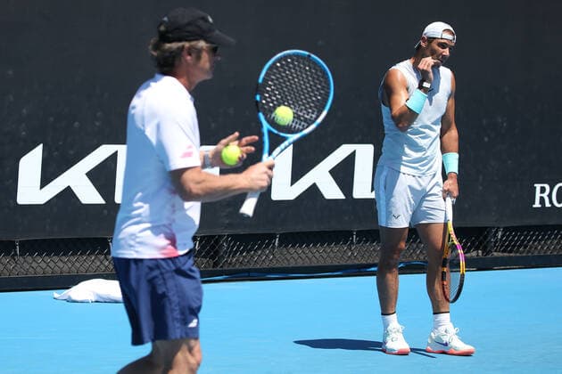 Rafael Nadal, ESP, with his coach Francisco Roig practising on day three of 2021 Australian Open in Melbourne, 10 02 2021
