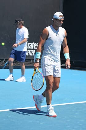 Rafael Nadal, ESP, with his coach Francisco Roig practising on day three of 2021 Australian Open in Melbourne, 10 02 2021