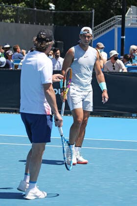 Rafael Nadal, ESP, with his coach Francisco Roig practising on day three of 2021 Australian Open in Melbourne, 10 02 2021