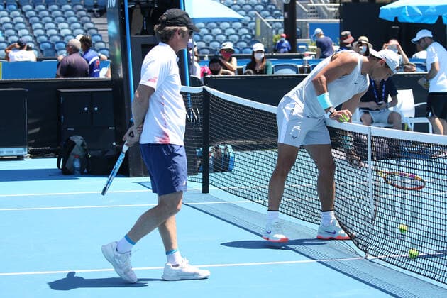 Rafael Nadal, ESP, with his coach Francisco Roig practising on day three of 2021 Australian Open in Melbourne, 10 02 2021