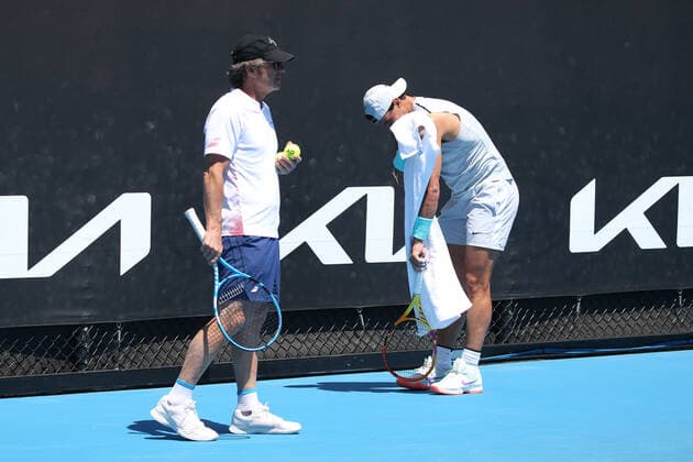 Rafael Nadal, ESP, with his coach Francisco Roig practising on day three of 2021 Australian Open in Melbourne, 10 02 2021