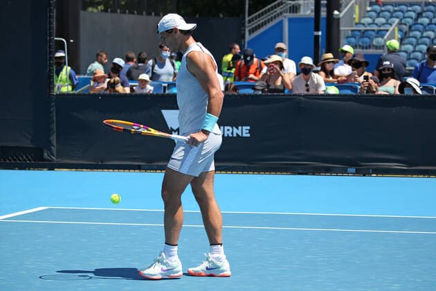 Rafael Nadal, ESP, practising on day three of 2021 Australian Open in Melbourne, 10 02 2021