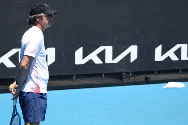 Francisco Roig, ESP, practising with Rafael Nadal on day three of 2021 Australian Open in Melbourne, 10 02 2021