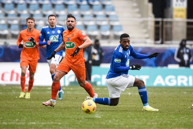 Jean Eudes AHOLOU ( Strasbourg ) - DELORT Andy ( Montpellier ) - FOOTBALL : Strasbourg vs Montpellier - Coupe de France - Strasbourg - 10 02 2021 FedericoPestellini Panoramic 