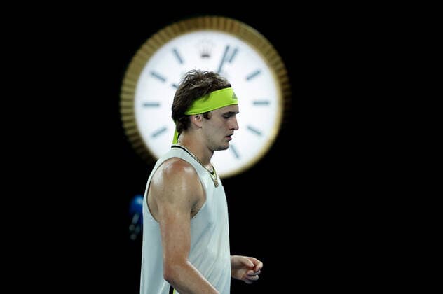 (210210) -- MELBOURNE, Feb. 10, 2021 -- Alexander Zverev of Germany reacts during the men s singles match against Maxime Cressy of the United States at Australian Open in Melbourne Park, in Melbourne, Australia, on Feb. 10, 2021. ) (SP)AUSTRALIA-MELBOURNE-TENNIS-AUSTRALIAN OPEN-DAY 3 BaixXuefei 