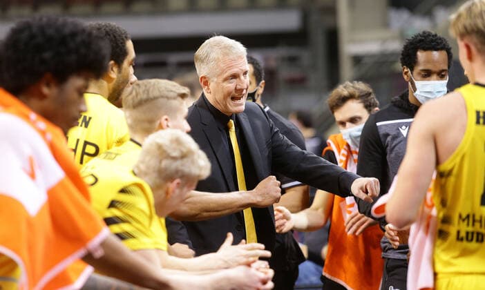 Ludwigsburg , Basketball easyCredit BBL Bundesliga , MHP RIESEN Ludwigsburg vs Basketball Löwen Braunschweig , Coach John patrick Riesen during a time out