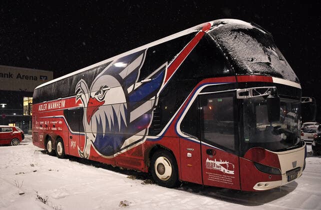 Basketball 2 Bundesliga 2020 2021 22 Matchday in Rottenburg in the Volksbank Arena 10 02 2021 Tigers Tuebingen MLP Academics Heidelberg The MLP Academics Heidelberg travel with the team bus of the first league team in ice hockey, Adler Mannheim