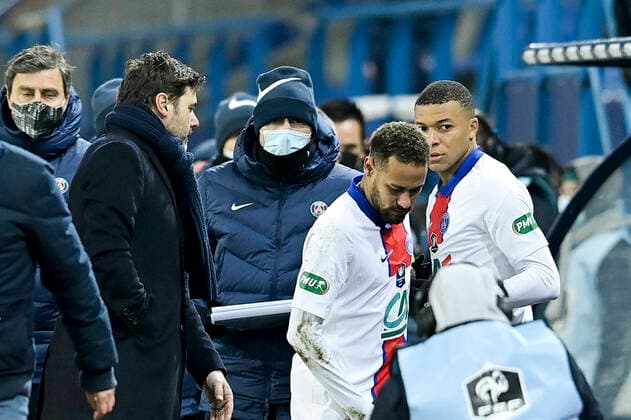 Fußball, Coupe de France, SM Caen - Paris St. Germain Neymar Jr (PSG) Mauricio Pochettino - Entraineur (PSG) Kylian Mbappe (PSG) FOOTBALL : SM Caen vs PSG - 1 32 de Finale - Coupe de France - 10 02 2021 JBAutissier Panoramic 