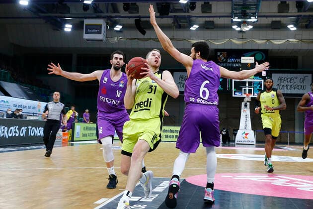 17 Matchday of the easyCredit BBL Basketball Bundesliga at Oberfrankenhalle in Bayreuth Bavaria Germany Season 2020 2021 Medi Bayreuth vs BG Goettingen Osvaldas Olisevicius Medi Bayreuth 31 left Luke Nelson BG Goettingen 6 right