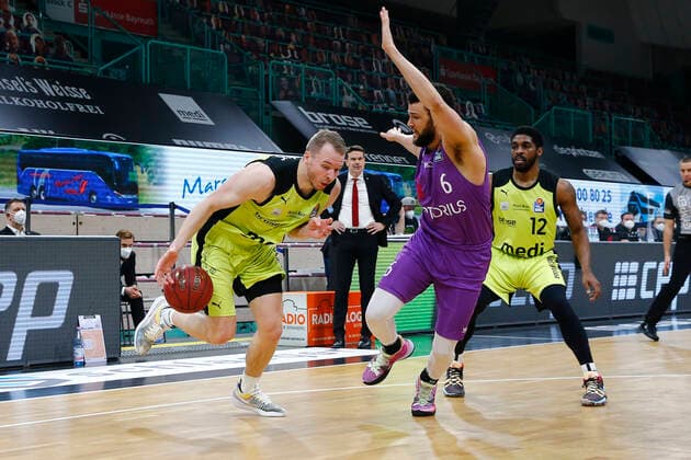 17 Matchday of the easyCredit BBL Basketball Bundesliga at Oberfrankenhalle in Bayreuth Bavaria Germany Season 2020 2021 Medi Bayreuth vs BG Goettingen Osvaldas Olisevicius Medi Bayreuth 31 left Luke Nelson BG Goettingen 6 right
