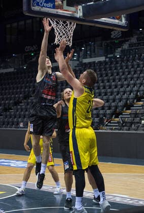 GER, Basketball, EWE Baskets Oldenburg vs JobStairs Giessen 46ers 12 02 2021, EWE Arena, Oldenburg, GER, easy Credit BBL, EWE Baskets Oldenburg vs JobStairs Giessen 46ers, in picture Alen PJANIC Jobstairs Giessen 46ers 8 John BRYANT Jobstairs Giessen 46ers 54 Rasid MAHALBASIC EWE Baskets Oldenburg 24 nordphotoxRojahn nph00310
