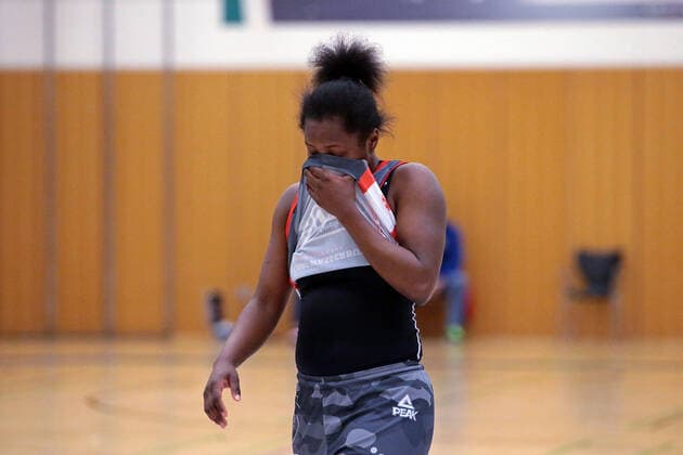 12 02 2021, xovx, Basketball Women, DBBL, 1 Bundesliga, BC Pharmaserv Marburg TSV 1880 Wasserburg Kelly Moten TSV 1880 Wasserburg disappointed, disappointed looking, dissapointed Marburg Sporthalle Georg Gaßmann Stadion Hessen Germany DE