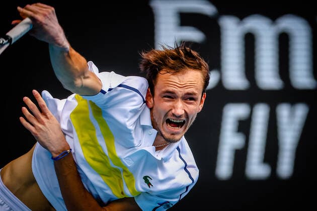 Daniil Medvedev ATP, Tennis Herren 4) during a tennis match between Russian Medvedev and Serbian Krajinovic in the third round of the men s singles competition of the Australian Open tennis Grand Slam, Saturday 13 February 2021 in Melbourne Park, Melbourne, Australia. PATRICKxHAMILTON  x2643734x