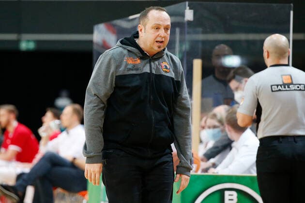 Leverkusen, Germany 13 February 2021 2 BBL Pro A 2020 2021 Bayer Giants Leverkusen vs Wiha Panthers Schwenningen Coach Alen Velic Wiha Panthers Ostermann Arena Nordrhein Westfalen Copyright: xFotostandx xvanxderxVeldenx