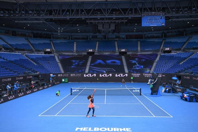 TENNIS AUSTRALIAN OPEN, Naomi Osaka of Japan serves during her fourth Round Women s singles match against Garbine Muguruza of Spain on Day 7 of the Australian Open at Melbourne Park in Melbourne, Sunday, February 14, 2021. ( NO ARCHIVING, EDITORIAL USE ONLY, NO USE IN BOOKS WITHOUT CONSENT MELBOURNE VIC AUSTRALIA  Copyright: xDEANxLEWINSx 20210214001520480428