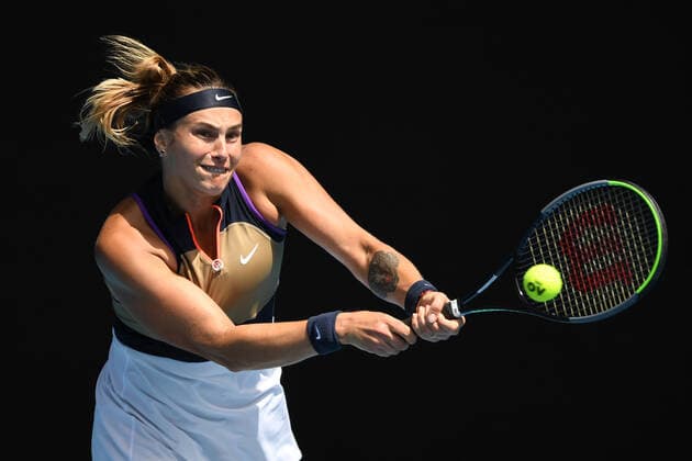 TENNIS AUSTRALIAN OPEN, Aryna Sabalenka of Belarus in action during her fourth Round Women s singles match against Serena Williams of the United States on Day 7 of the Australian Open at Melbourne Park in Melbourne, Sunday, February 14, 2021. ( NO ARCHIVING, EDITORIAL USE ONLY, NO USE IN BOOKS WITHOUT CONSENT MELBOURNE VIC AUSTRALIA  Copyright: xDAVExHUNTx 20210214001520480899