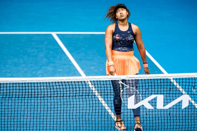 MELBOURNE, VIC - FEBRUARY 14: Naomi Osaka of Japan shows her frustration after losing a game during round 4 of the 2021 Australian Open on February 14 2020, at Melbourne Park in Melbourne, Australia. (Photo by Jason Heidrich Icon Sportswire) TENNIS: FEB 14 Australian Open Icon2102140077