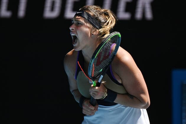 TENNIS AUSTRALIAN OPEN, Aryna Sabalenka of Belarus reacts after winning a game during her fourth Round Women s singles match against Serena Williams of the United States on Day 7 of the Australian Open at Melbourne Park in Melbourne, Sunday, February 14, 2021. ( NO ARCHIVING, EDITORIAL USE ONLY, NO USE IN BOOKS WITHOUT CONSENT MELBOURNE VIC AUSTRALIA  Copyright: xDEANxLEWINSx 20210214001520485520