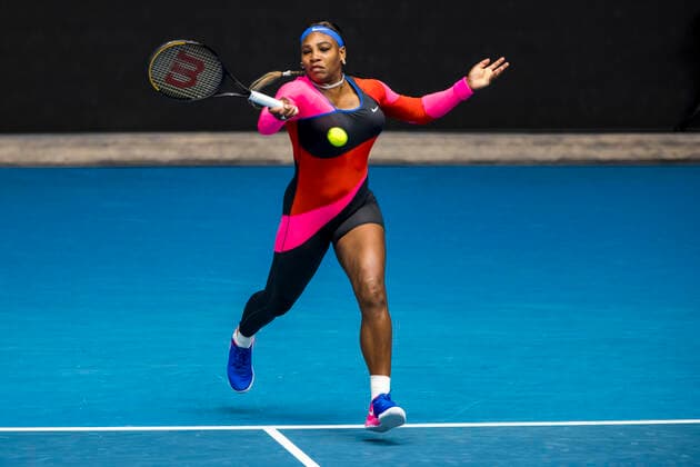 MELBOURNE, VIC - FEBRUARY 14: Serena Williams of the United States of America returns the ball during round 4 of the 2021 Australian Open on February 14 2020, at Melbourne Park in Melbourne, Australia. (Photo by Jason Heidrich Icon Sportswire) TENNIS: FEB 14 Australian Open Icon2102140667
