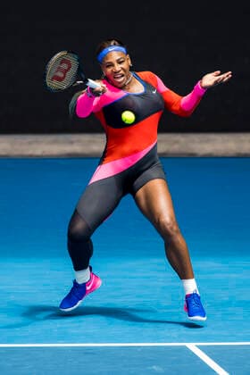 MELBOURNE, VIC - FEBRUARY 14: Serena Williams of the United States of America returns the ball during round 4 of the 2021 Australian Open on February 14 2020, at Melbourne Park in Melbourne, Australia. (Photo by Jason Heidrich Icon Sportswire) TENNIS: FEB 14 Australian Open Icon2102140777
