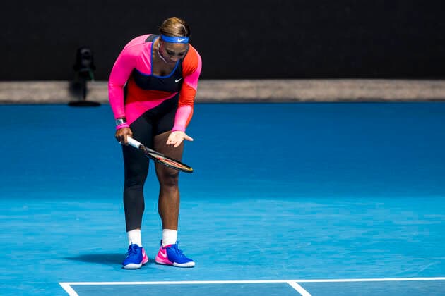 MELBOURNE, VIC - FEBRUARY 14: Serena Williams of the United States of America shows her frustration after losing a game during round 4 of the 2021 Australian Open on February 14, 2020, at Melbourne Park in Melbourne, Australia. (Photo by Jason Heidrich Icon Sportswire) TENNIS: FEB 14 Australian Open Icon2102140797