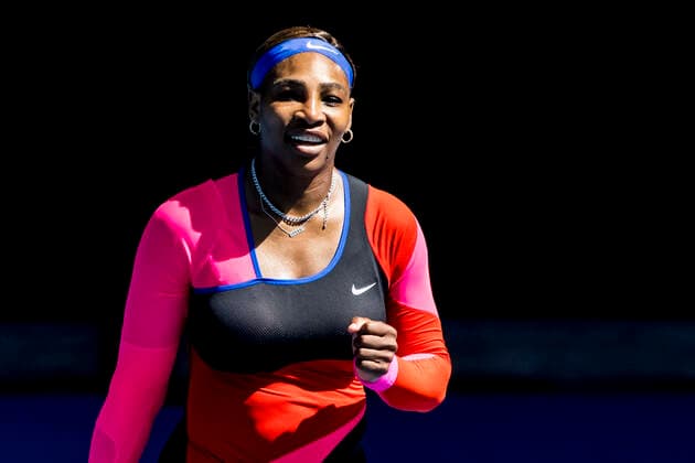MELBOURNE, VIC - FEBRUARY 14: Serena Williams of the United States of America celebrates after winning her match during round 4 of the 2021 Australian Open on February 14 2020, at Melbourne Park in Melbourne, Australia. (Photo by Jason Heidrich Icon Sportswire) TENNIS: FEB 14 Australian Open Icon2102141097