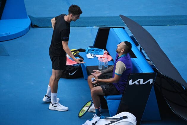 TENNIS AUSTRALIAN OPEN, Nick Kyrgios (R) and Thanasi Kokkinakis of Australia after losing during their second Round Men s doubles match against Lukasz Kubot of Poland and Wesley Koolhof of the Netherlands on Day 7 of the Australian Open at Melbourne Park in Melbourne, Sunday, February 14, 2021. ( NO ARCHIVING, EDITORIAL USE ONLY, NO USE IN BOOKS WITHOUT CONSENT MELBOURNE VIC AUSTRALIA  Copyright: xDEANxLEWINSx 20210214001520493058