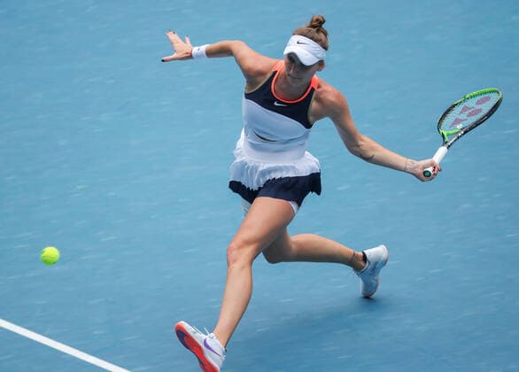 (210214) -- MELBOURNE, Feb. 14, 2021 -- Marketa Vondrousova returns a shot during the women s singles 4th round match between Hsieh Su-Wei of Chinese Taipei and Marketa Vondrousova of Czech Republic at the Australian Open 2021 tennis tournament in Melbourne Park, Melbourne, Australia, on Feb. 14, 2021. (Photo by Xinhua) (SP)AUSTRALIA-MELBOURNE-TENNIS-AUSTRALIAN OPEN-DAY 7 HuxJingchen 