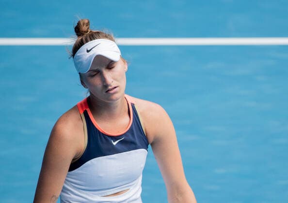 (210214) -- MELBOURNE, Feb. 14, 2021 -- Marketa Vondrousova reacts during the women s singles 4th round match between Hsieh Su-Wei of Chinese Taipei and Marketa Vondrousova of Czech Republic at the Australian Open 2021 tennis tournament in Melbourne Park, Melbourne, Australia, on Feb. 14, 2021. (Photo by Xinhua) (SP)AUSTRALIA-MELBOURNE-TENNIS-AUSTRALIAN OPEN-DAY 7 HuxJingchen 