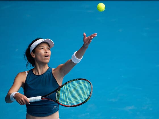 (210214) -- MELBOURNE, Feb. 14, 2021 -- Hsieh Su-Wei serves the ball during the women s singles 4th round match between Hsieh Su-Wei of Chinese Taipei and Marketa Vondrousova of Czech Republic at the Australian Open 2021 tennis tournament in Melbourne Park, Melbourne, Australia, on Feb. 14, 2021. (Photo by Xinhua) (SP)AUSTRALIA-MELBOURNE-TENNIS-AUSTRALIAN OPEN-DAY 7 HuxJingchen 