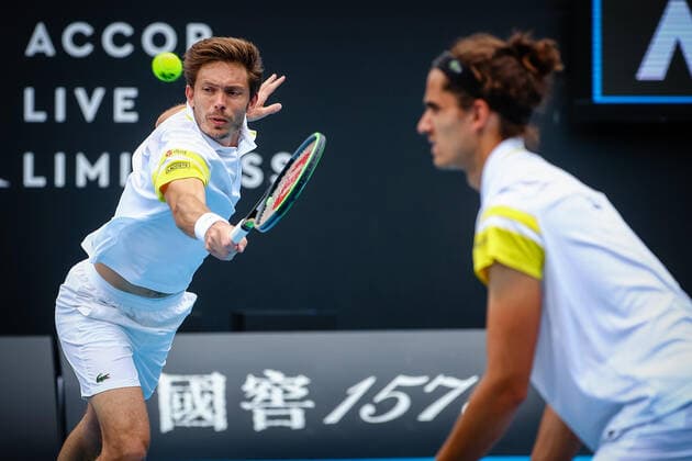 Nicolas Mahut ATP, Tennis Herren 8) and Pierre-Hugues Herbert (ATP 84) pictured during a tennis match between French pair Mahut-Herbert and Australian pair Duckworth-Polmans, in the third round of the men s doubles competition of the Australian Open tennis Grand Slam, Sunday 14 February 2021 in Melbourne Park, Melbourne, Australia. PATRICKxHAMILTON  x2644397x