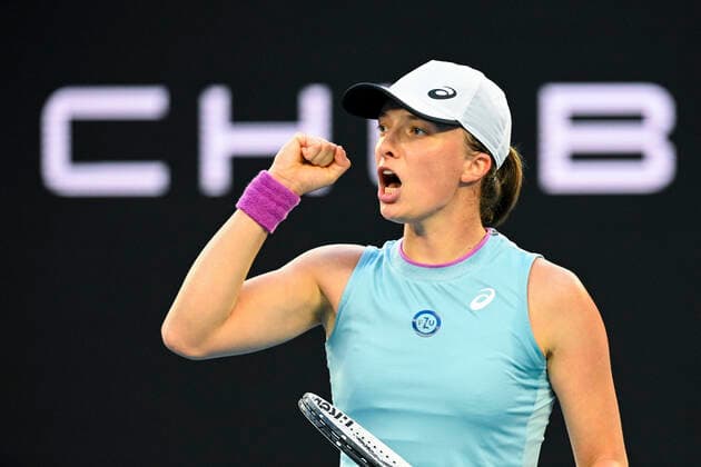 TENNIS AUSTRALIAN OPEN, Iga Swiatek of Poland reacts during her fourth Round Women s singles match against Simona Halep of Romania on Day 7 of the Australian Open at Melbourne Park in Melbourne, Sunday, February 14, 2021. ( NO ARCHIVING, EDITORIAL USE ONLY, NO USE IN BOOKS WITHOUT CONSENT MELBOURNE VIC AUSTRALIA  Copyright: xDEANxLEWINSx 20210214001520503040