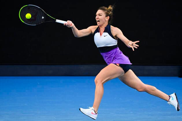 TENNIS AUSTRALIAN OPEN, Simona Halep of Romania in action during her fourth Round Women s singles match against Iga Swiatek of Poland on Day 7 of the Australian Open at Melbourne Park in Melbourne, Sunday, February 14, 2021. ( NO ARCHIVING, EDITORIAL USE ONLY, NO USE IN BOOKS WITHOUT CONSENT MELBOURNE VIC AUSTRALIA  Copyright: xDAVExHUNTx 20210214001520504755