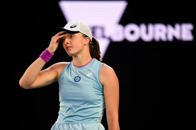TENNIS AUSTRALIAN OPEN, Iga Swiatek of Poland reacts during her fourth Round Women s singles match against Simona Halep of Romania on Day 7 of the Australian Open at Melbourne Park in Melbourne, Sunday, February 14, 2021. ( NO ARCHIVING, EDITORIAL USE ONLY, NO USE IN BOOKS WITHOUT CONSENT MELBOURNE VIC AUSTRALIA  Copyright: xDEANxLEWINSx 20210214001520506963
