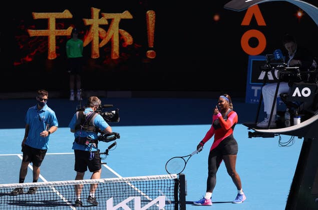 (210214) -- MELBOURNE, Feb. 14, 2021 -- Serena Williams (R) celebrates victory after the women s singles 4th round match between Serena Williams of the United States and Aryna Sabalenka of Belarus at the Australian Open 2021 tennis tournament in Melbourne Park, Melbourne, Australia, on Feb. 14, 2021. ) (SP)AUSTRALIA-MELBOURNE-TENNIS-AUSTRALIAN OPEN-DAY 7 BaixXuefei 