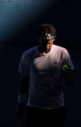 (210214) -- MELBOURNE, Feb. 14, 2021 -- Dominic Thiem reacts during the men s singles 4th round match between Dominic Thiem of Austria and Grigor Dimitrov of Bulgaria at the Australian Open 2021 tennis tournament in Melbourne Park, Melbourne, Australia, on Feb. 14, 2021. Bai Xuefei) (SP)AUSTRALIA-MELBOURNE-TENNIS-AUSTRALIAN OPEN-DAY 7 BaixXuefeihujingchen 