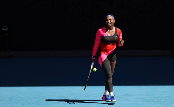(210214) -- MELBOURNE, Feb. 14, 2021 -- Serena Williams celebrates victory after the women s singles 4th round match between Serena Williams of the United States and Aryna Sabalenka of Belarus at the Australian Open 2021 tennis tournament in Melbourne Park, Melbourne, Australia, on Feb. 14, 2021. ) (SP)AUSTRALIA-MELBOURNE-TENNIS-AUSTRALIAN OPEN-DAY 7 BaixXuefei 