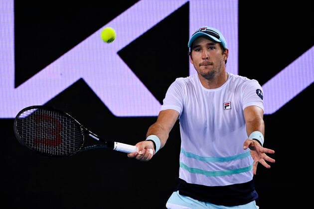 TENNIS AUSTRALIAN OPEN, Dusan Lajovic of Serbia in action during his fourth Round Men s singles match against Alexander Zverev of Germany on Day 7 of the Australian Open at Melbourne Park in Melbourne, Sunday, February 14, 2021. ( NO ARCHIVING, EDITORIAL USE ONLY, NO USE IN BOOKS WITHOUT CONSENT MELBOURNE VIC AUSTRALIA  Copyright: xDEANxLEWINSx 20210214001520514506