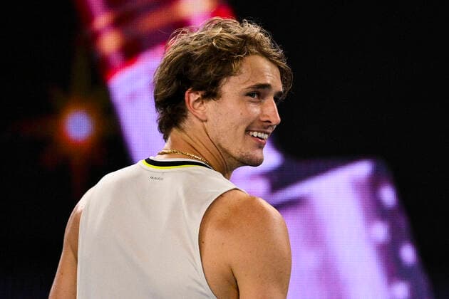 TENNIS AUSTRALIAN OPEN, Alexander Zverev of Germany reacts after winning his fourth Round Men s singles match against Dusan Lajovic of Serbia on Day 7 of the Australian Open at Melbourne Park in Melbourne, Sunday, February 14, 2021. ( NO ARCHIVING, EDITORIAL USE ONLY, NO USE IN BOOKS WITHOUT CONSENT MELBOURNE VIC AUSTRALIA  Copyright: xDEANxLEWINSx 20210214001520515274